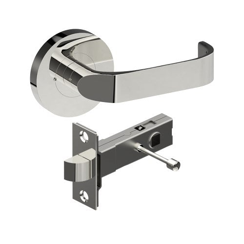 MOSS Door Handles on Ø65mm Integrated Privacy Rose inc. Latch in Polished Stainless