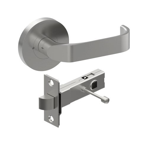 MOSS Door Handles on Ø65mm Integrated Privacy Rose inc. Latch in Satin Stainless