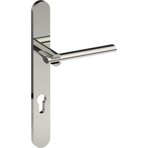 PRONTO Door Handle on B01 EXTERNAL European Standard Backplate with Cylinder Hole, Concealed Fixing (Half Set) 85mm CTC in Polished Stainless