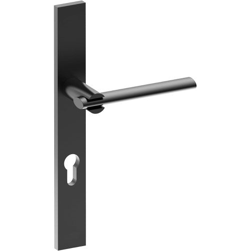 PRONTO Door Handle on B02 EXTERNAL European Standard Backplate with Cylinder Hole, Concealed Fixing (Half Set) 85mm CTC in Black Teflon