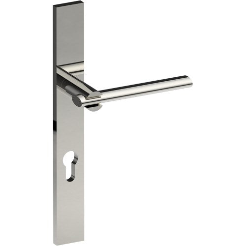 PRONTO Door Handle on B02 EXTERNAL European Standard Backplate with Cylinder Hole, Concealed Fixing (Half Set) 85mm CTC in Polished Stainless
