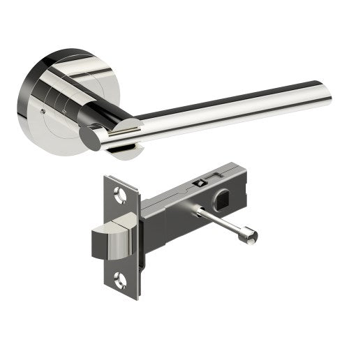 PRONTO Door Handles on Ø52mm Integrated Privacy Rose inc. Latch in Polished Stainless