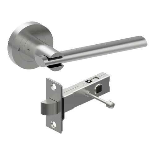 PRONTO Door Handles on Ø52mm Integrated Privacy Rose inc. Latch in Satin Stainless