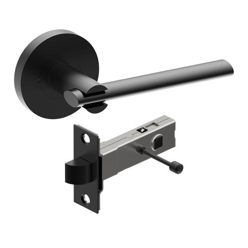 PRONTO Door Handles on Ø65mm Integrated Privacy Rose inc. Latch in Black Teflon