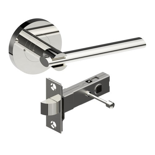 PRONTO Door Handles on Ø65mm Integrated Privacy Rose inc. Latch in Polished Stainless