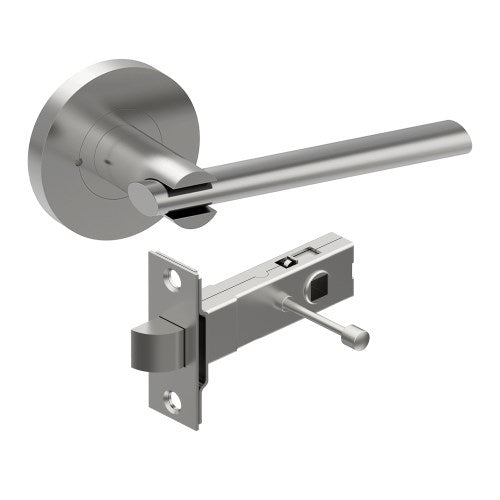 PRONTO Door Handles on Ø65mm Integrated Privacy Rose inc. Latch in Satin Stainless