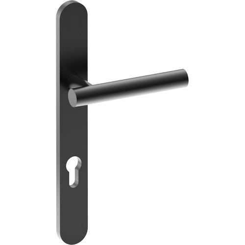 RIENZA Door Handle on B01 EXTERNAL European Standard Backplate with Cylinder Hole, Concealed Fixing (Half Set) 85mm CTC in Black Teflon