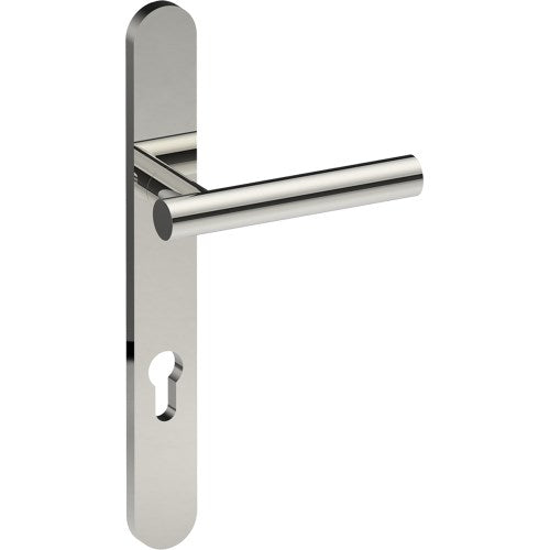 RIENZA Door Handle on B01 EXTERNAL European Standard Backplate with Cylinder Hole, Concealed Fixing (Half Set) 85mm CTC in Polished Stainless