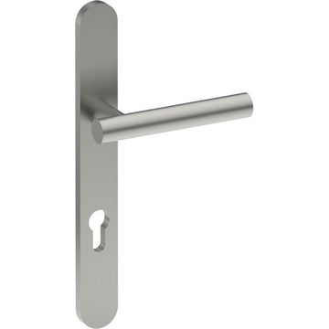 RIENZA Door Handle on B01 EXTERNAL European Standard Backplate with Cylinder Hole, Concealed Fixing (Half Set) 85mm CTC in Satin Stainless
