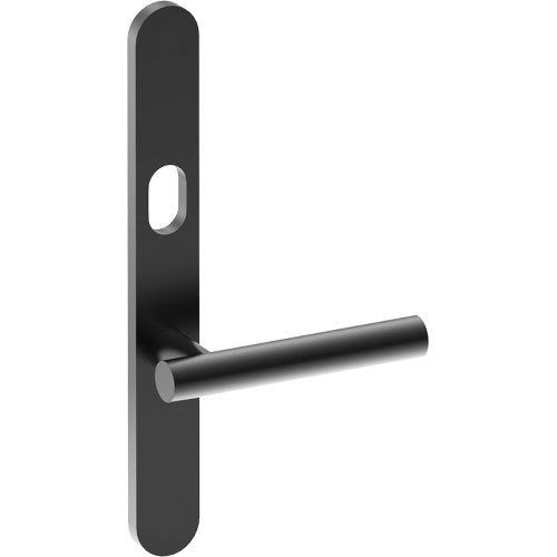 RIENZA Door Handle on B01 EXTERNAL Australian Standard Backplate with Cylinder Hole, Concealed Fixing (Half Set) 64mm CTC in Black Teflon