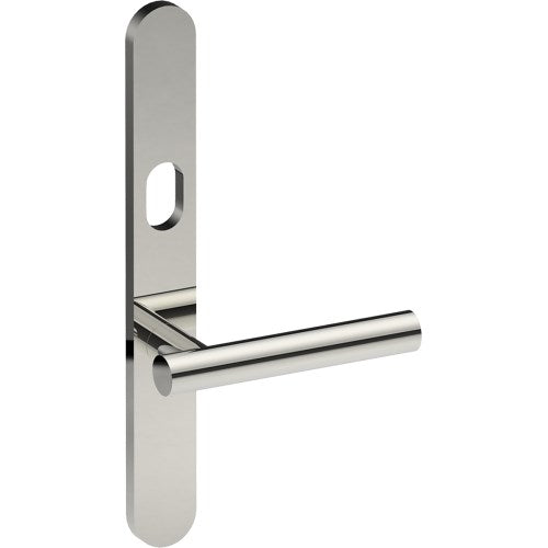 RIENZA Door Handle on B01 EXTERNAL Australian Standard Backplate with Cylinder Hole, Concealed Fixing (Half Set) 64mm CTC in Polished Stainless