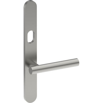 RIENZA Door Handle on B01 EXTERNAL Australian Standard Backplate with Cylinder Hole, Concealed Fixing (Half Set) 64mm CTC in Satin Stainless