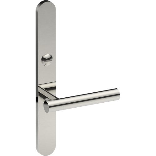RIENZA Door Handle on B01 EXTERNAL Australian Standard Backplate with Emergency Release, Concealed Fixing (Half Set) 64mm CTC in Polished Stainless
