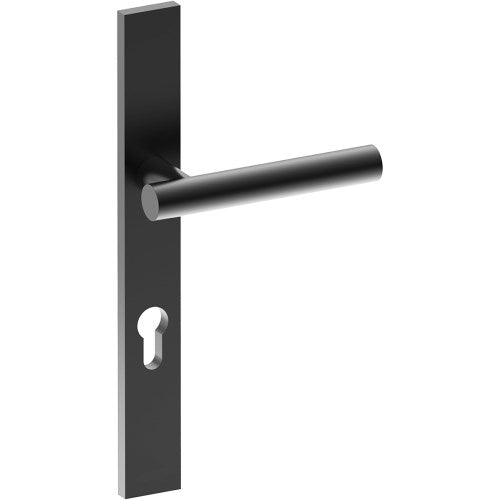 RIENZA Door Handle on B02 EXTERNAL European Standard Backplate with Cylinder Hole, Concealed Fixing (Half Set) 85mm CTC in Black Teflon