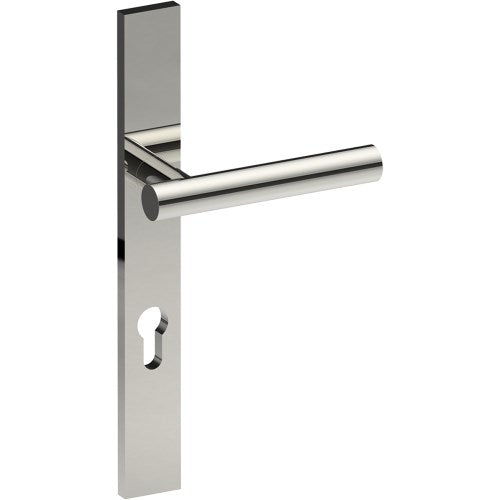 RIENZA Door Handle on B02 EXTERNAL European Standard Backplate with Cylinder Hole, Concealed Fixing (Half Set) 85mm CTC in Polished Stainless