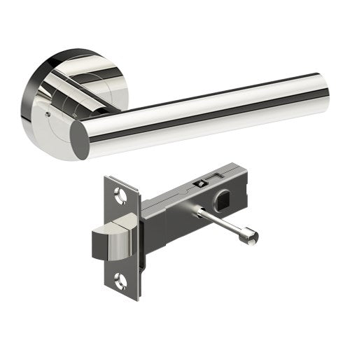 RIENZA Door Handles on Ø52mm Integrated Privacy Rose inc. Latch in Polished Stainless