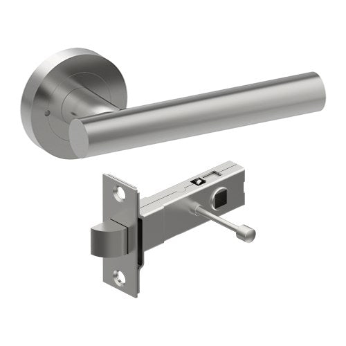 RIENZA Door Handles on Ø52mm Integrated Privacy Rose inc. Latch in Satin Stainless