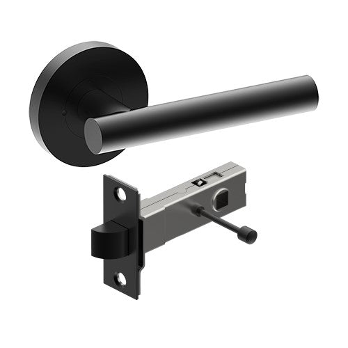 RIENZA Door Handles on Ø65mm Integrated Privacy Rose inc. Latch in Black Teflon
