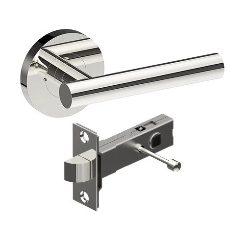 RIENZA Door Handles on Ø65mm Integrated Privacy Rose inc. Latch in Polished Stainless