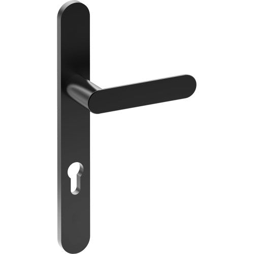 ROUBAIX Door Handle on B01 EXTERNAL European Standard Backplate with Cylinder Hole, Concealed Fixing (Half Set) 85mm CTC in Black Teflon