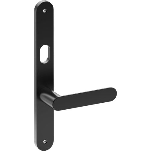 ROUBAIX Door Handle on B01 INTERNAL Australian Standard Backplate with Cylinder Hole, Visible Fixing (Half Set) 64mm CTC in Black Teflon