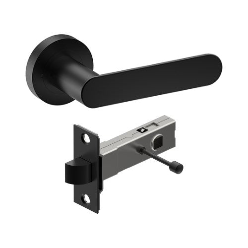 ROUBAIX Door Handles on Ø52mm Integrated Privacy Rose inc. Latch in Black Teflon