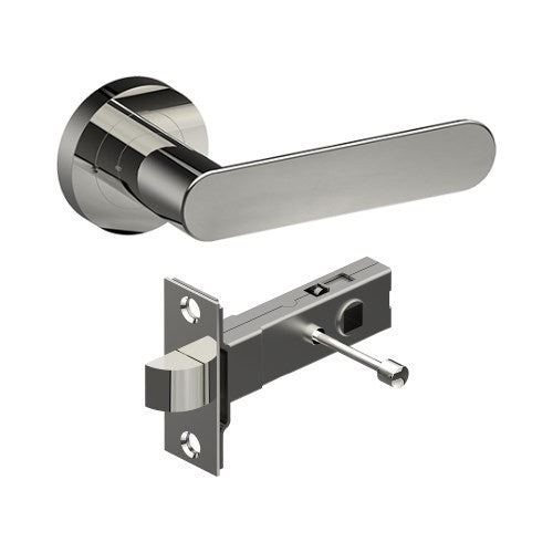 ROUBAIX Door Handles on Ø52mm Integrated Privacy Rose inc. Latch in Polished Stainless