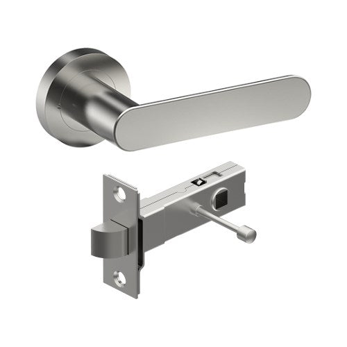 ROUBAIX Door Handles on Ø52mm Integrated Privacy Rose inc. Latch in Satin Stainless