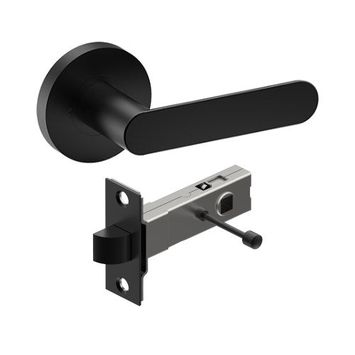 ROUBAIX Door Handles on Ø65mm Integrated Privacy Rose inc. Latch in Black Teflon