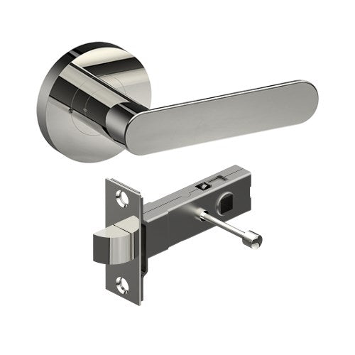 ROUBAIX Door Handles on Ø65mm Integrated Privacy Rose inc. Latch in Polished Stainless