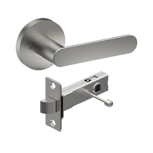 ROUBAIX Door Handles on Ø65mm Integrated Privacy Rose inc. Latch in Satin Stainless