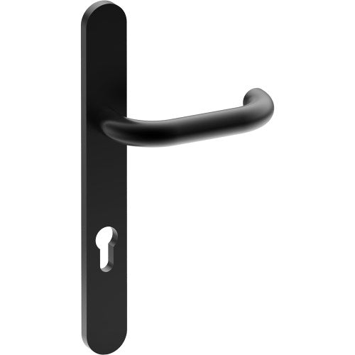 SAFETY Door Handle on B01 EXTERNAL European Standard Backplate with Cylinder Hole, Concealed Fixing (Half Set) 85mm CTC in Black Teflon
