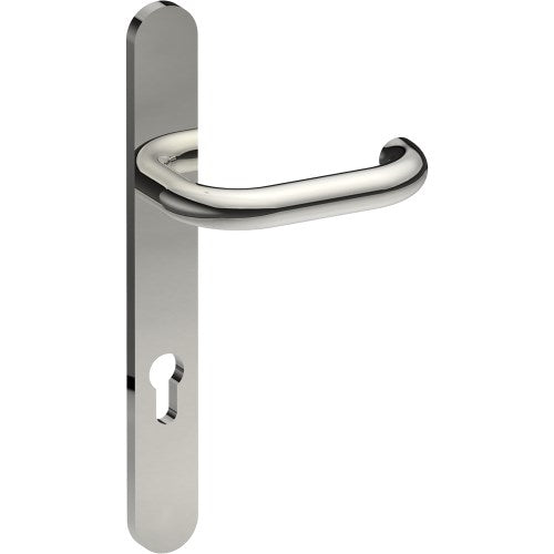 SAFETY Door Handle on B01 EXTERNAL European Standard Backplate with Cylinder Hole, Concealed Fixing (Half Set) 85mm CTC in Polished Stainless