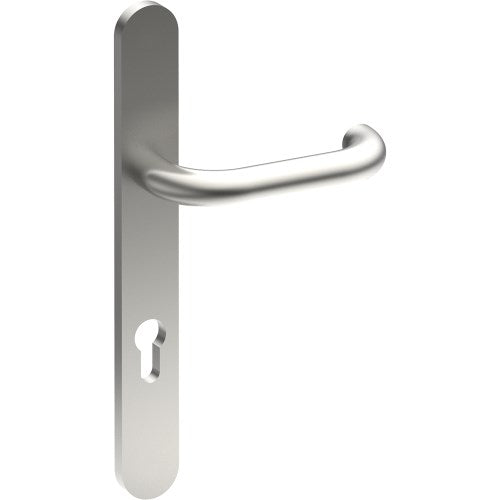 SAFETY Door Handle on B01 EXTERNAL European Standard Backplate with Cylinder Hole, Concealed Fixing (Half Set) 85mm CTC in Satin Stainless