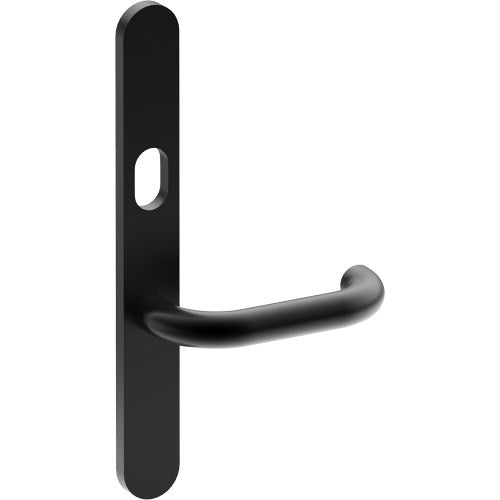 SAFETY Door Handle on B01 EXTERNAL Australian Standard Backplate with Cylinder Hole, Concealed Fixing (Half Set) 64mm CTC in Black Teflon