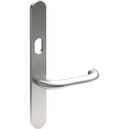 SAFETY Door Handle on B01 EXTERNAL Australian Standard Backplate with Cylinder Hole, Concealed Fixing (Half Set) 64mm CTC in Satin Stainless