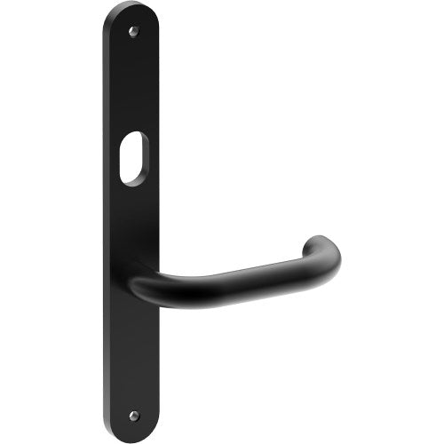 SAFETY Door Handle on B01 INTERNAL Australian Standard Backplate with Cylinder Hole, Visible Fixing (Half Set) 64mm CTC in Black Teflon