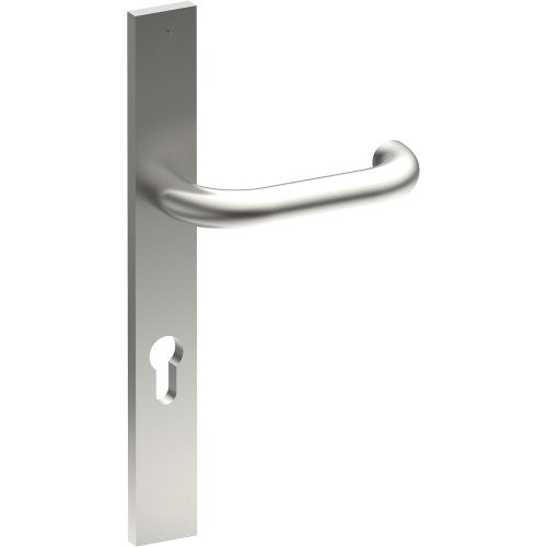 SAFETY Door Handle on B02 EXTERNAL European Standard Backplate with Cylinder Hole, Concealed Fixing (Half Set) 85mm CTC in Satin Stainless