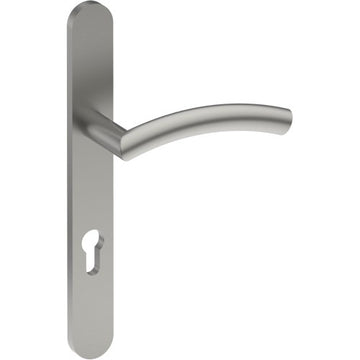 TRIESTE Door Handle on B01 EXTERNAL European Standard Backplate with Cylinder Hole, Concealed Fixing (Half Set) 85mm CTC in Satin Stainless