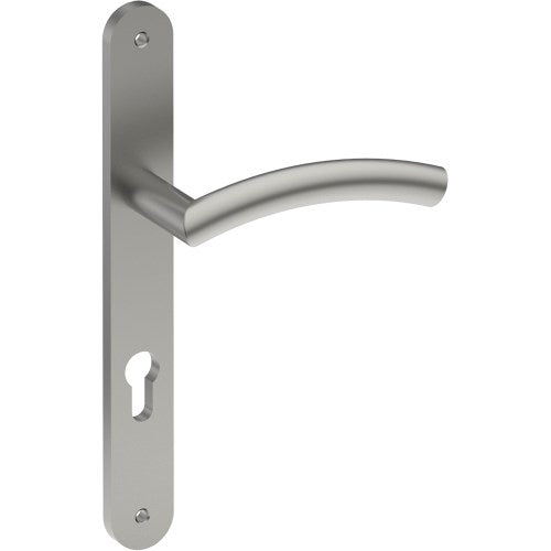 TRIESTE Door Handle on B01 INTERNAL European Standard Backplate with Cylinder Hole, Visible Fixing (Half Set) 85mm CTC in Satin Stainless