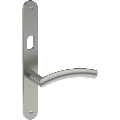 TRIESTE Door Handle on B01 INTERNAL Australian Standard Backplate with Cylinder Hole, Visible Fixing (Half Set) 64mm CTC in Satin Stainless