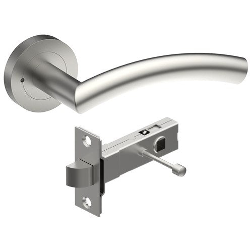 TRIESTE Door Handles on Ø52mm Integrated Privacy Rose inc. Latch in Satin Stainless