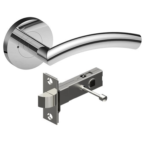 TRIESTE Door Handles on Ø65mm Integrated Privacy Rose inc. Latch in Polished Stainless