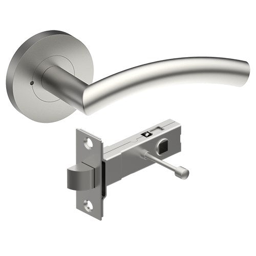 TRIESTE Door Handles on Ø65mm Integrated Privacy Rose inc. Latch in Satin Stainless