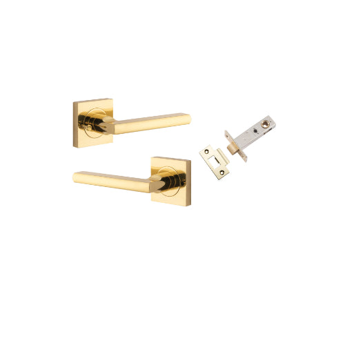 Door Lever Baltimore Square Rose Inbuilt Privacy Pair Polished Brass H52xW52xP55mm with Tube Latch Privacy with Faceplate & T Striker Backset 60mm in Polished Brass