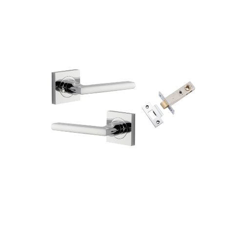 Door Lever Baltimore Square Rose Inbuilt Privacy Pair Polished Chrome H52xW52xP55mm with Tube Latch Privacy with Faceplate & T Striker Backset 60mm in Polished Chrome