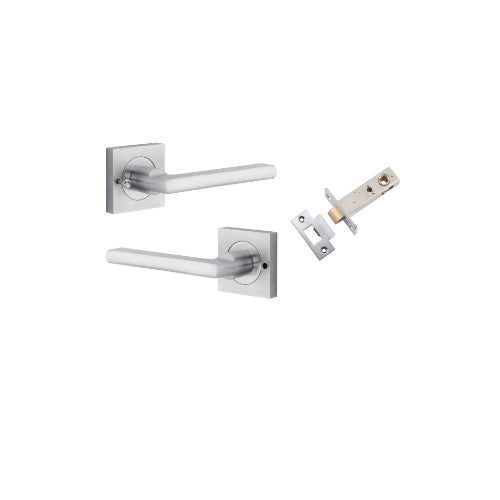 Door Lever Baltimore Square Rose Inbuilt Privacy Pair Brushed Chrome H52xW52xP55mm with Tube Latch Privacy with Faceplate & T Striker Backset 60mm in Brushed Chrome