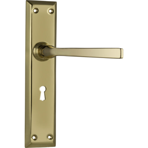 Door Lever Menton Lock Pair Polished Brass H225xW50xP75mm in Polished Brass