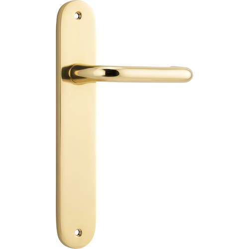 Door Lever Oslo Oval Latch Polished Brass H240xW40xP57mm in Polished Brass