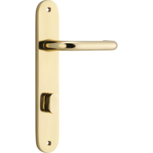 Door Lever Oslo Oval Privacy Polished Brass CTC85mm H240xW40xP57mm in Polished Brass